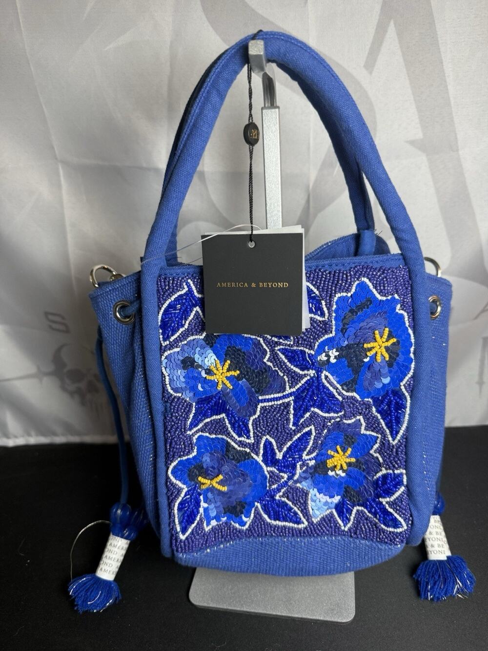 America & Beyond Blue Beaded Floral Mini Bucket Bag Crossbody NWT Tassels